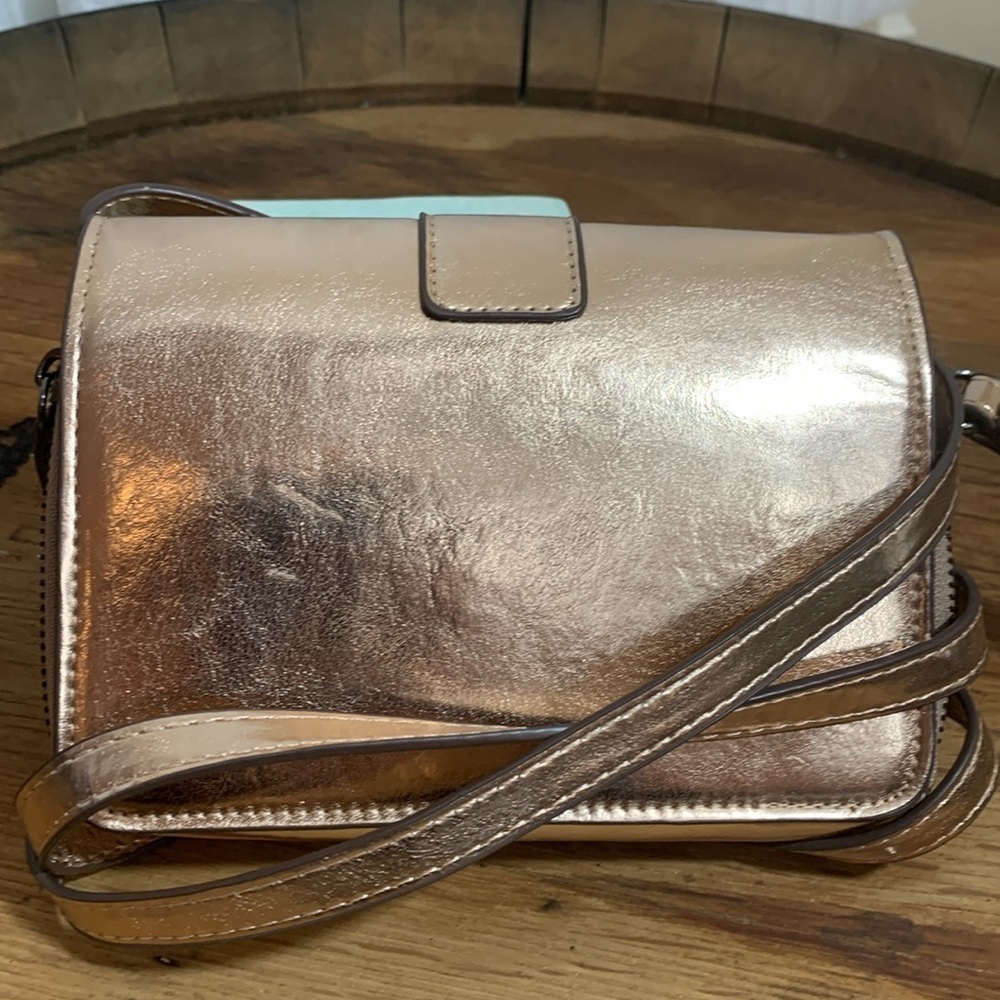Sondra Roberts | Rose Gold Faux Leather Crossbody Wristlet Clutch Zip Around Bag - Picture 8 of 17